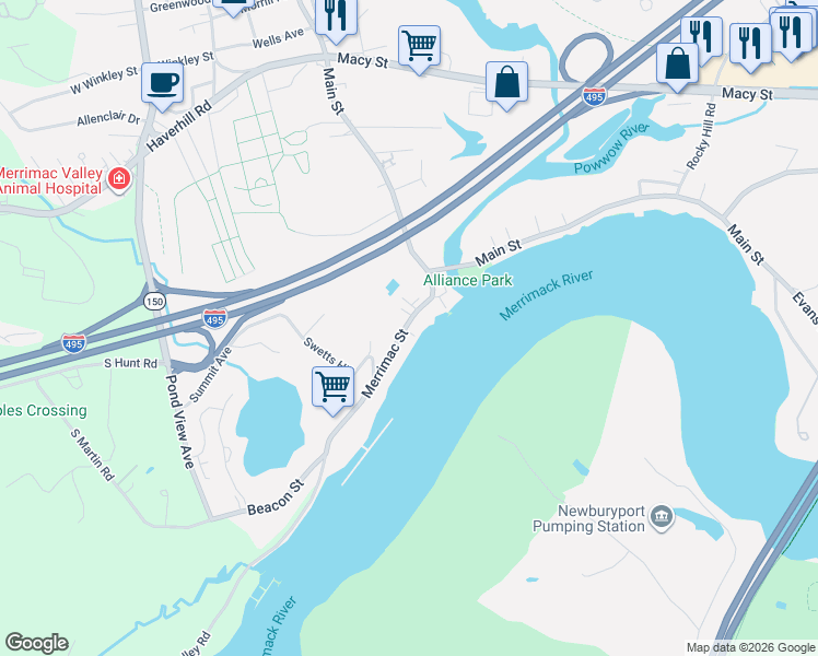 map of restaurants, bars, coffee shops, grocery stores, and more near 25 1/2 Merrimac Street in Amesbury