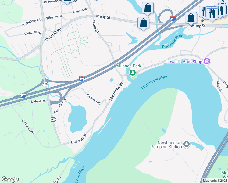 map of restaurants, bars, coffee shops, grocery stores, and more near 25 1/2 Merrimac Street in Amesbury