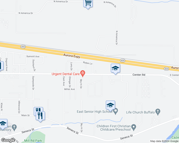 map of restaurants, bars, coffee shops, grocery stores, and more near 149 Robin Lane in Buffalo