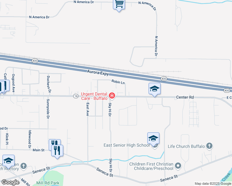 map of restaurants, bars, coffee shops, grocery stores, and more near 1280 Center Road in Buffalo