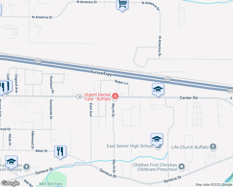 map of restaurants, bars, coffee shops, grocery stores, and more near 1280 Center Road in Buffalo