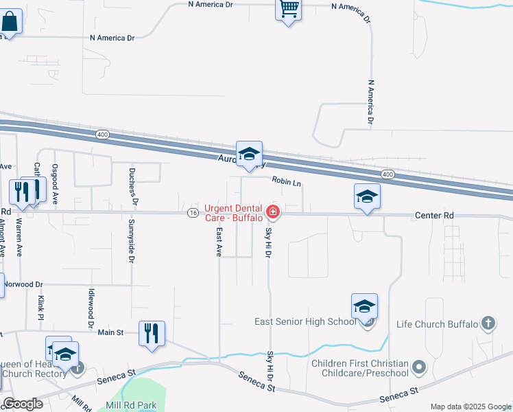 map of restaurants, bars, coffee shops, grocery stores, and more near 21 Lorry Drive in West Seneca