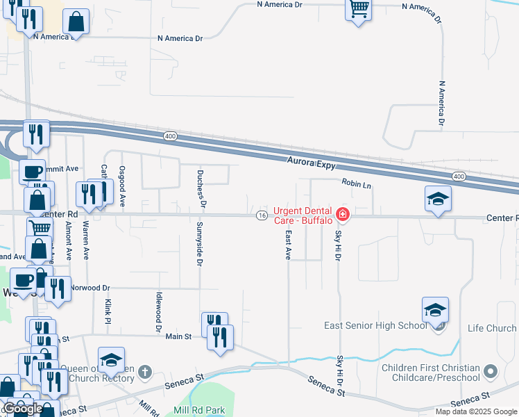 map of restaurants, bars, coffee shops, grocery stores, and more near 1160 Center Road in Buffalo