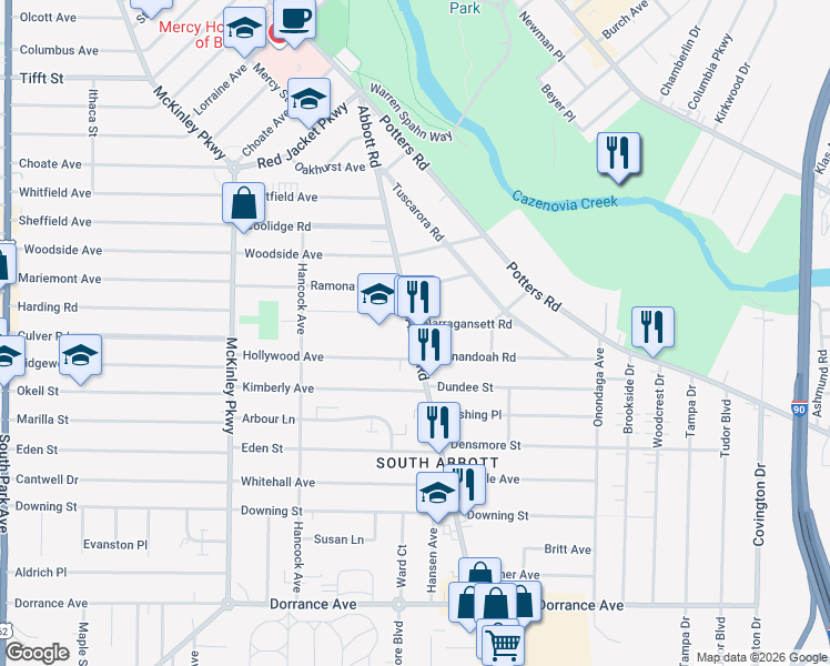 map of restaurants, bars, coffee shops, grocery stores, and more near 875 Abbott Road in Buffalo
