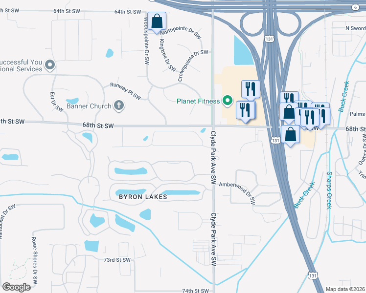 map of restaurants, bars, coffee shops, grocery stores, and more near 890 Harper Woods Drive Southwest in Byron Center