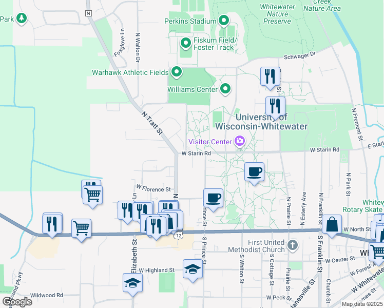 map of restaurants, bars, coffee shops, grocery stores, and more near 1008 West Starin Road in Whitewater