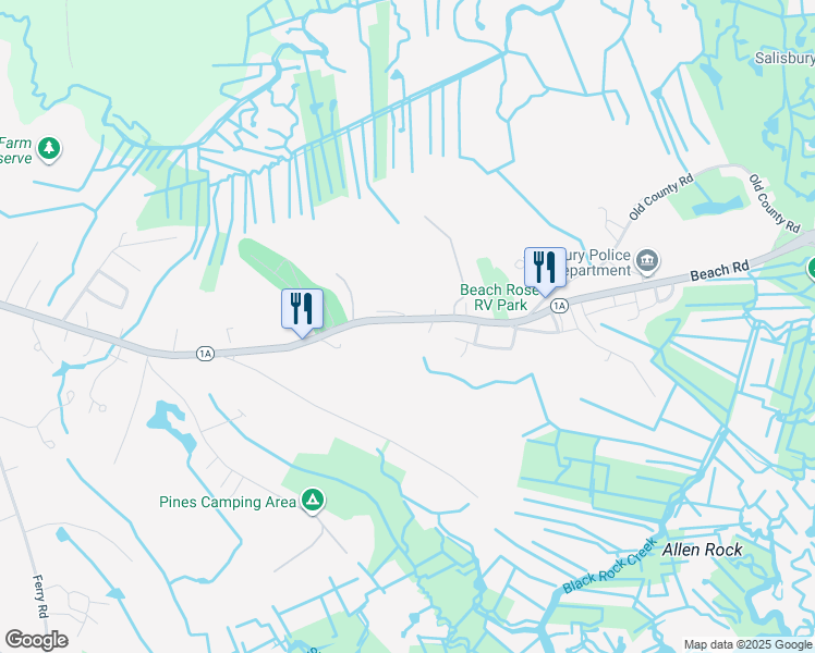 map of restaurants, bars, coffee shops, grocery stores, and more near 126 Beach Road in Salisbury