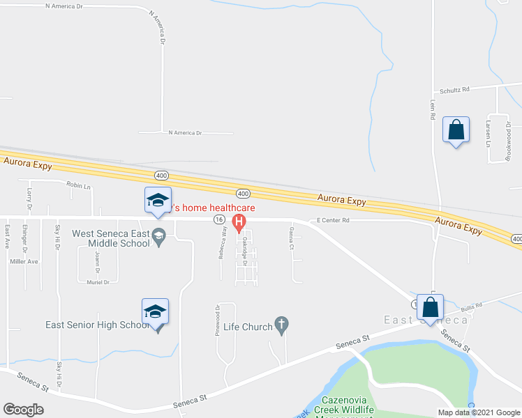 map of restaurants, bars, coffee shops, grocery stores, and more near 1620 Center Road in Buffalo