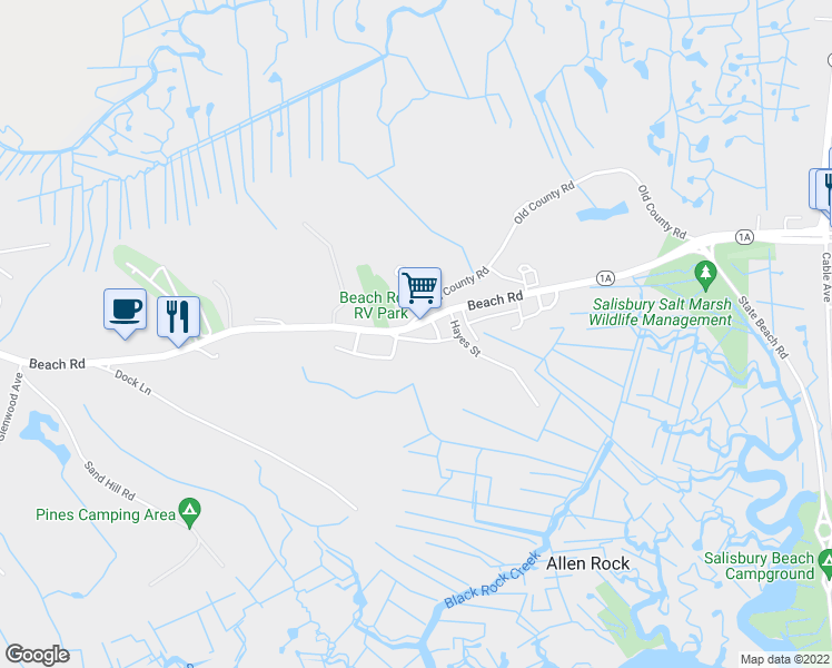 map of restaurants, bars, coffee shops, grocery stores, and more near 158 Beach Road in Salisbury