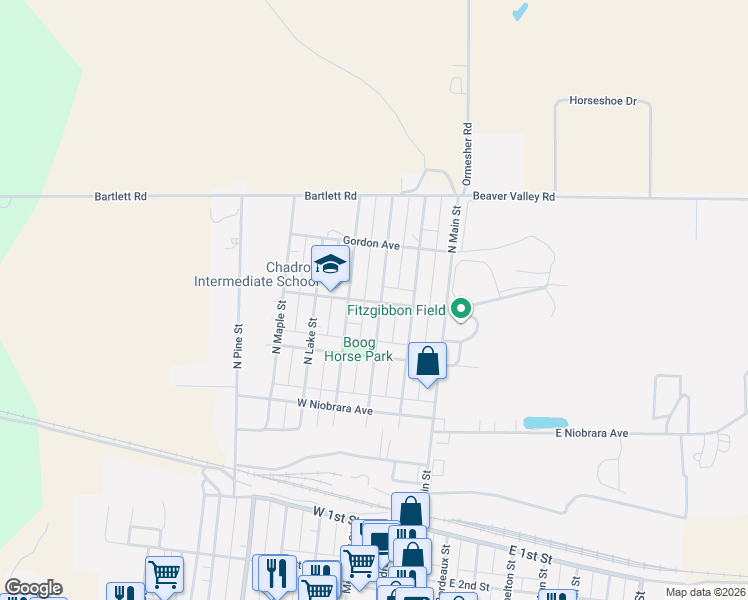 map of restaurants, bars, coffee shops, grocery stores, and more near 401-427 North Morehead Street in Chadron