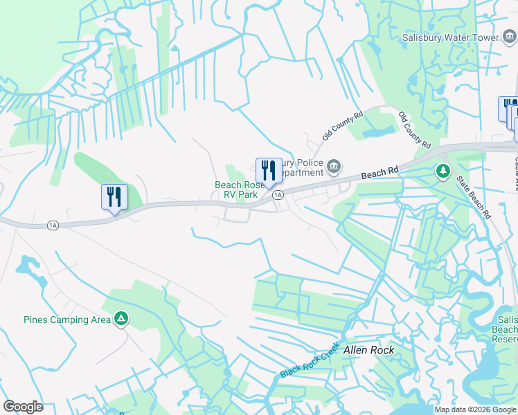 map of restaurants, bars, coffee shops, grocery stores, and more near 158 Beach Road in Salisbury