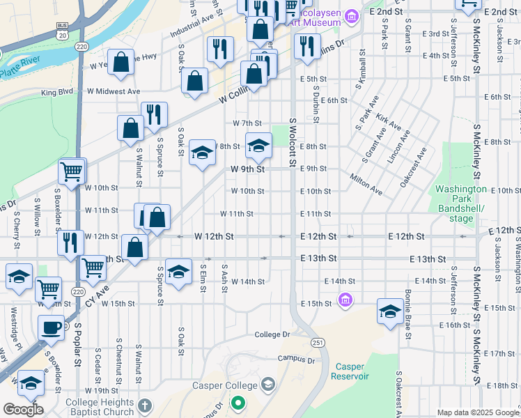 map of restaurants, bars, coffee shops, grocery stores, and more near 116 West 11th Street in Casper