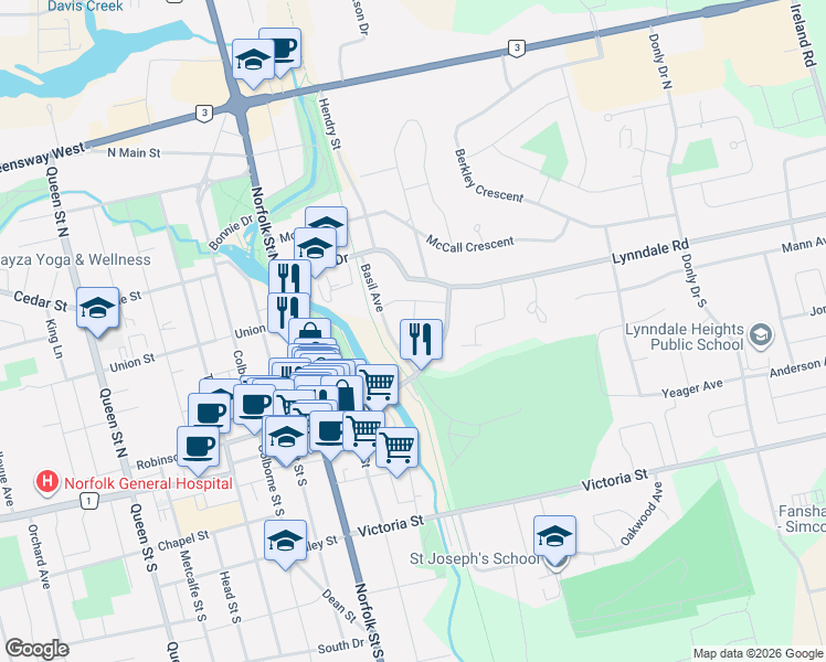 map of restaurants, bars, coffee shops, grocery stores, and more near 35 Basil Avenue in Simcoe