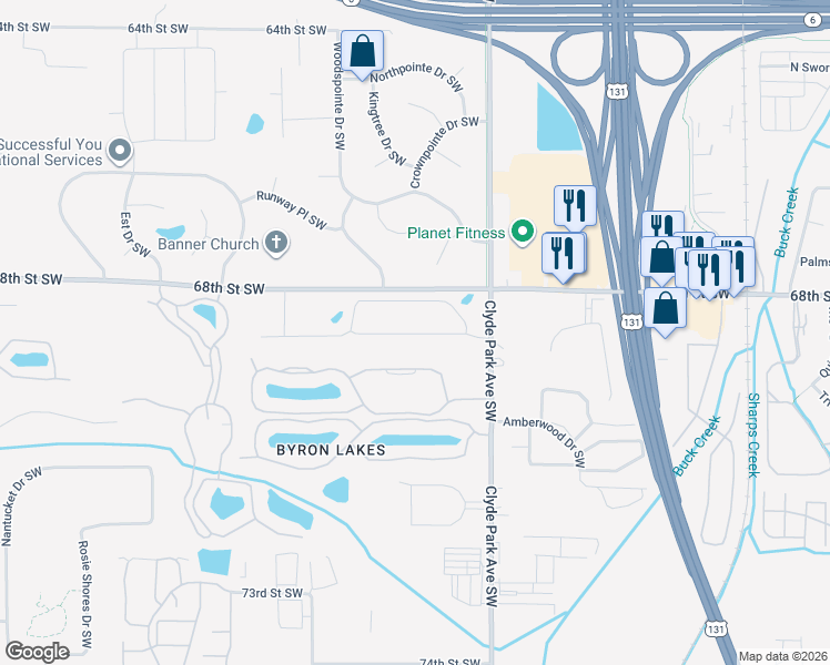 map of restaurants, bars, coffee shops, grocery stores, and more near 890 Harper Woods Drive Southwest in Byron Center
