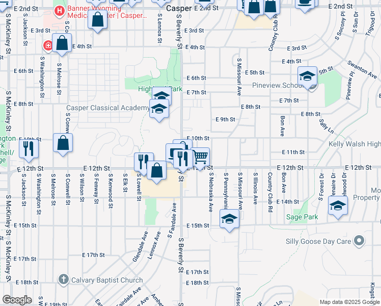 map of restaurants, bars, coffee shops, grocery stores, and more near 1033 South Beverly Street in Casper