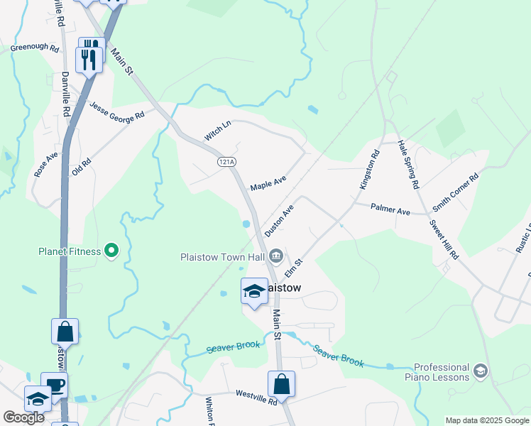 map of restaurants, bars, coffee shops, grocery stores, and more near 159 Main Street in Plaistow