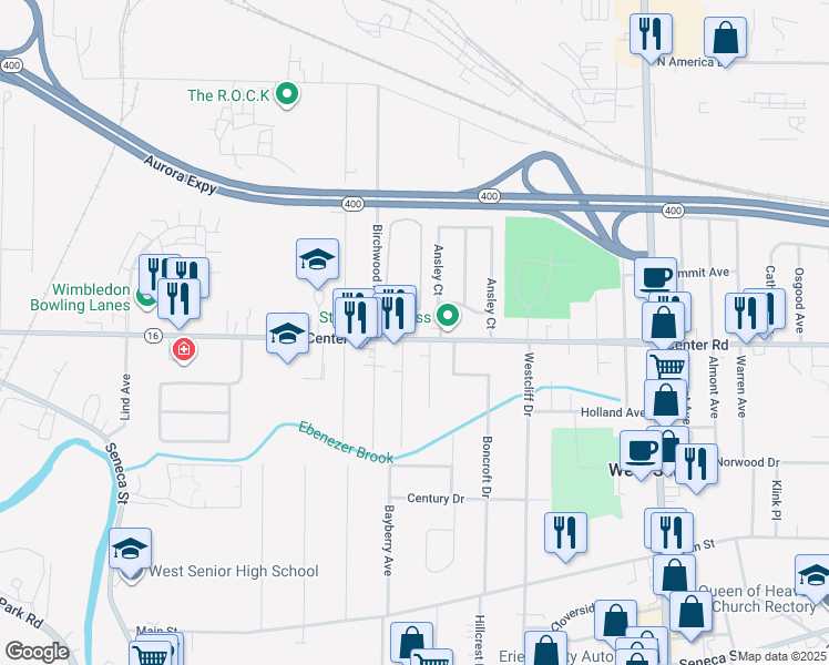 map of restaurants, bars, coffee shops, grocery stores, and more near 510 Center Road in West Seneca