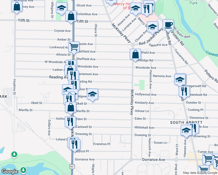 map of restaurants, bars, coffee shops, grocery stores, and more near 126 Culver Road in Buffalo