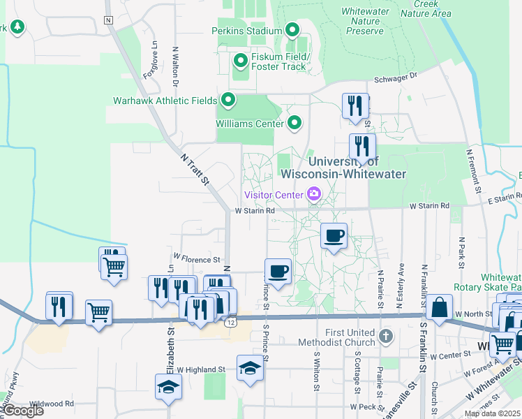 map of restaurants, bars, coffee shops, grocery stores, and more near 1008 West Starin Road in Whitewater
