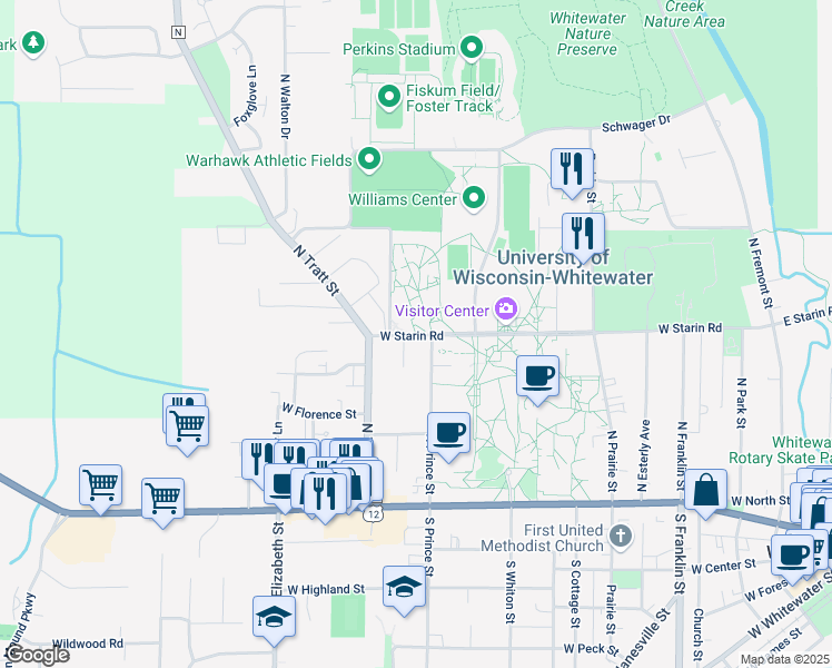 map of restaurants, bars, coffee shops, grocery stores, and more near 1008 West Starin Road in Whitewater