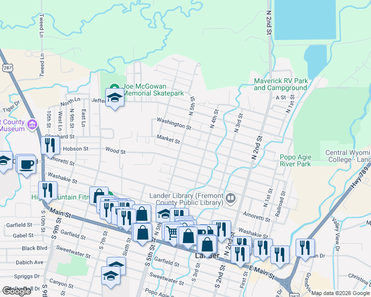 map of restaurants, bars, coffee shops, grocery stores, and more near 446 Market St in Lander