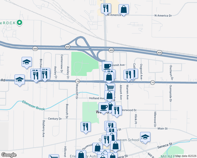 map of restaurants, bars, coffee shops, grocery stores, and more near 736 Center Road in Buffalo