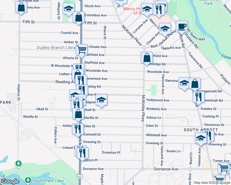 map of restaurants, bars, coffee shops, grocery stores, and more near 126 Culver Road in Buffalo