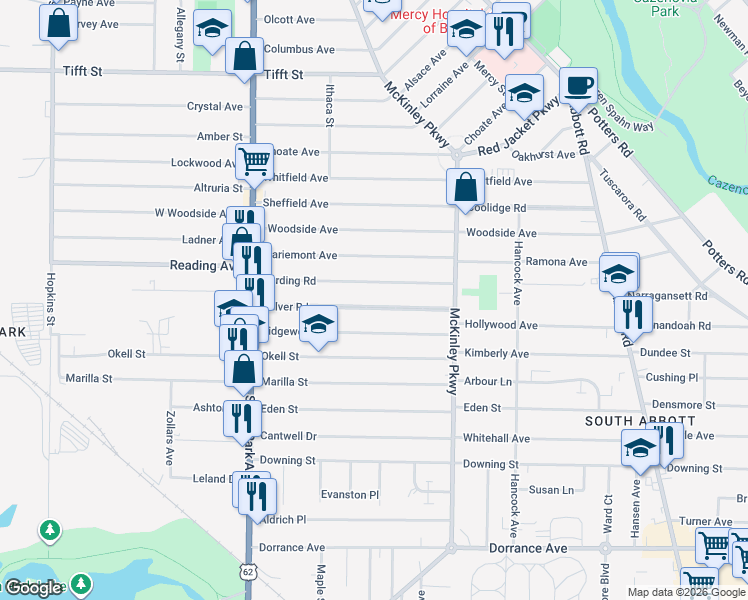 map of restaurants, bars, coffee shops, grocery stores, and more near 126 Culver Road in Buffalo