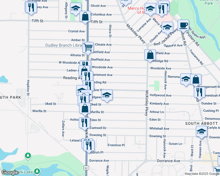 map of restaurants, bars, coffee shops, grocery stores, and more near 86 Culver Road in Buffalo