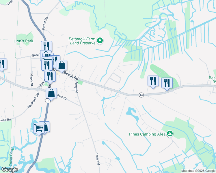 map of restaurants, bars, coffee shops, grocery stores, and more near 41 Beach Road in Salisbury