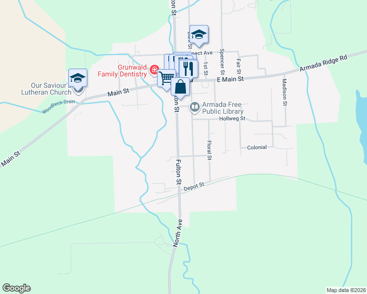 map of restaurants, bars, coffee shops, grocery stores, and more near 73580 Fulton Street in Armada