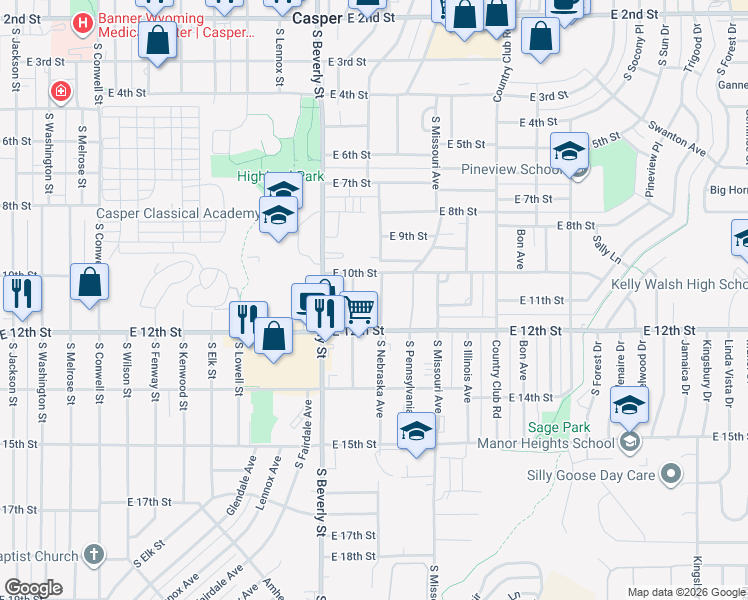 map of restaurants, bars, coffee shops, grocery stores, and more near 1041 South Wisconsin Avenue in Casper