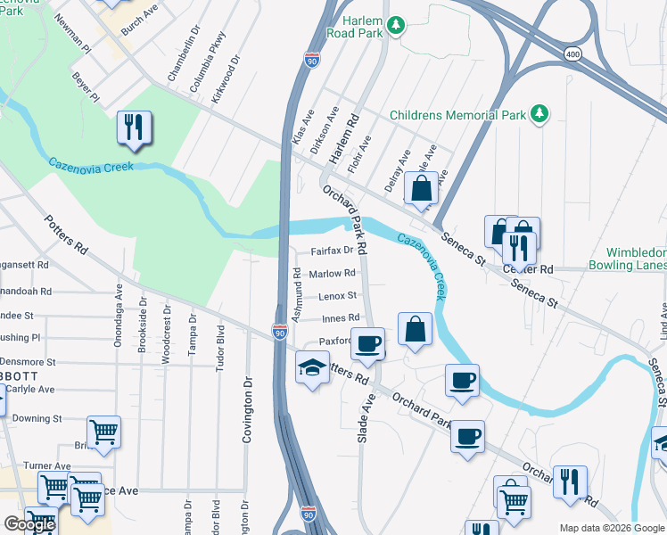 map of restaurants, bars, coffee shops, grocery stores, and more near 58 Marlow Road in Buffalo