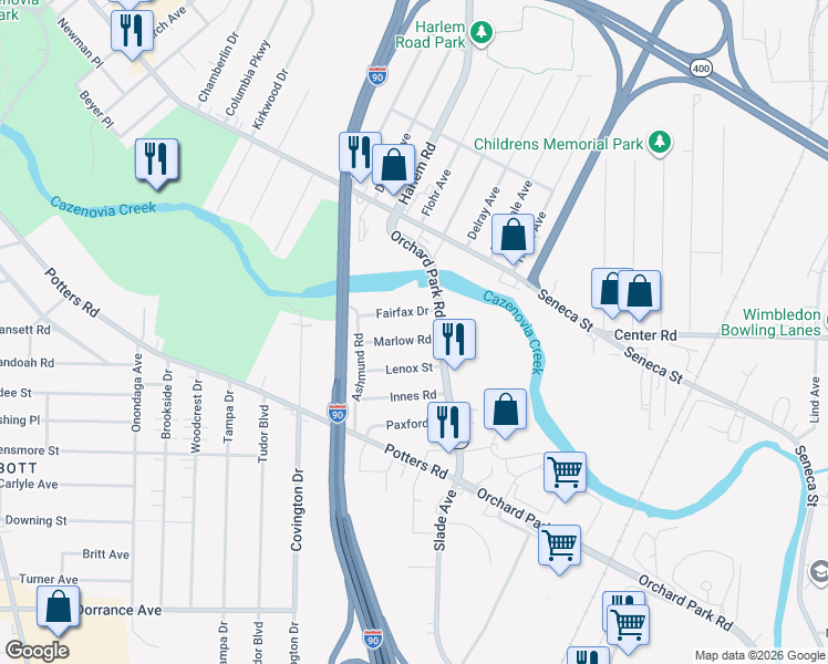 map of restaurants, bars, coffee shops, grocery stores, and more near 58 Marlow Road in Buffalo