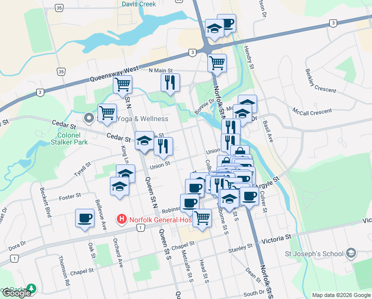 map of restaurants, bars, coffee shops, grocery stores, and more near 157 Talbot Street North in Simcoe