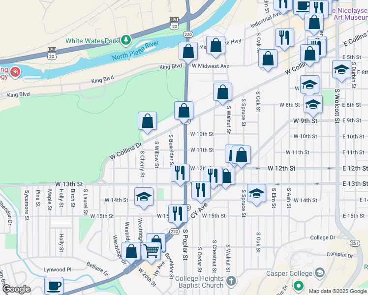 map of restaurants, bars, coffee shops, grocery stores, and more near 1016 South Poplar Street in Casper