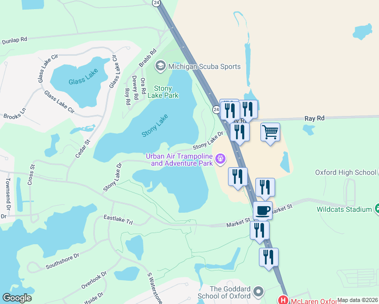 map of restaurants, bars, coffee shops, grocery stores, and more near 119 Stony Lake Drive in Oakland County