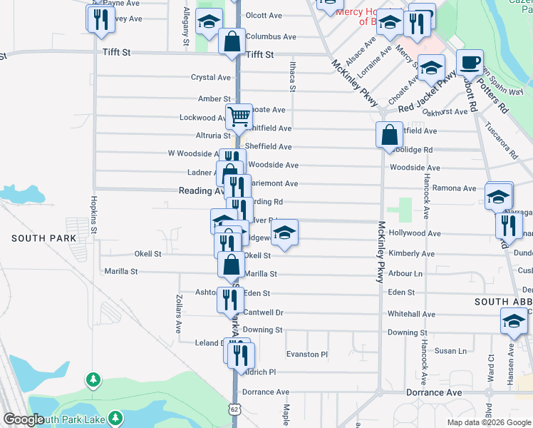 map of restaurants, bars, coffee shops, grocery stores, and more near 48 Culver Road in Buffalo
