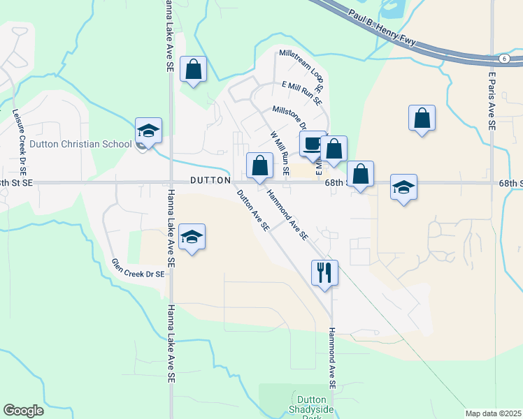 map of restaurants, bars, coffee shops, grocery stores, and more near 6856 Dutton Avenue Southeast in Caledonia