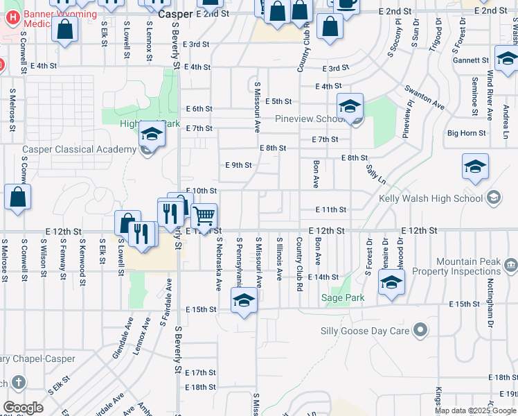 map of restaurants, bars, coffee shops, grocery stores, and more near 1035 South Missouri Avenue in Casper