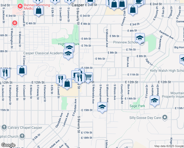 map of restaurants, bars, coffee shops, grocery stores, and more near 1041 South Wisconsin Avenue in Casper