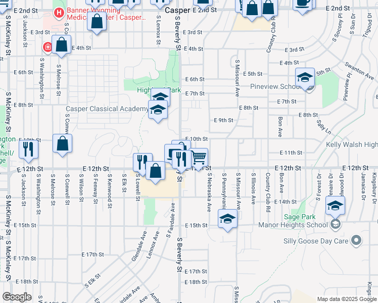 map of restaurants, bars, coffee shops, grocery stores, and more near 1033 South Beverly Street in Casper