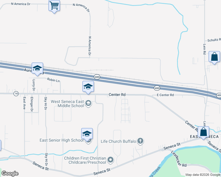 map of restaurants, bars, coffee shops, grocery stores, and more near 1526 Center Road in Buffalo