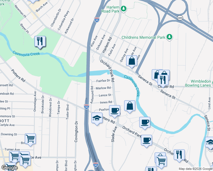 map of restaurants, bars, coffee shops, grocery stores, and more near 58 Marlow Road in Buffalo