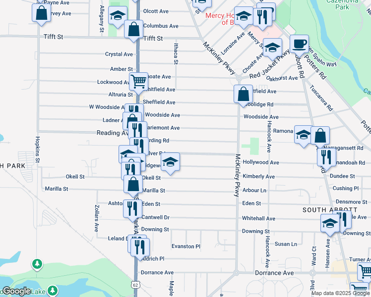 map of restaurants, bars, coffee shops, grocery stores, and more near 126 Culver Road in Buffalo