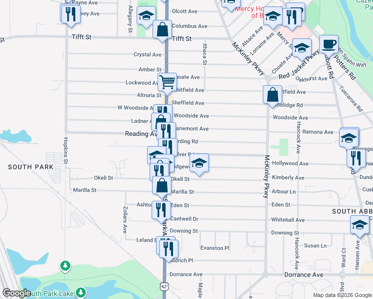 map of restaurants, bars, coffee shops, grocery stores, and more near 48 Culver Road in Buffalo