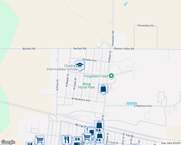 map of restaurants, bars, coffee shops, grocery stores, and more near 401 North Morehead Street in Chadron