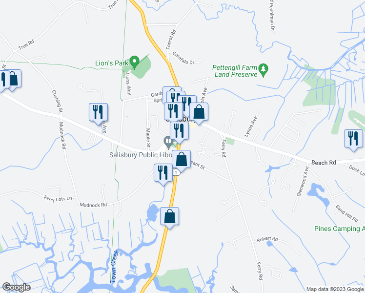 map of restaurants, bars, coffee shops, grocery stores, and more near 11 Bridge Road in Salisbury