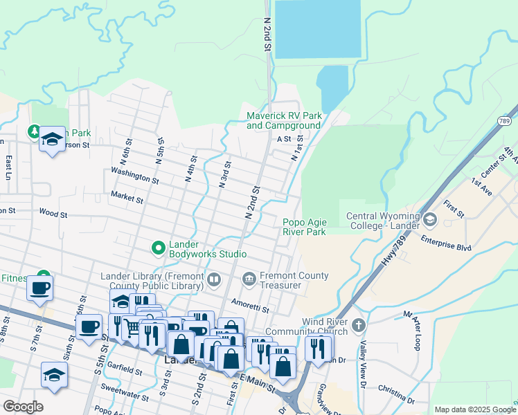 map of restaurants, bars, coffee shops, grocery stores, and more near 178 Washington Street in Lander