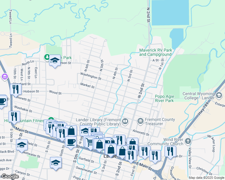 map of restaurants, bars, coffee shops, grocery stores, and more near 702 N 4th St in Lander